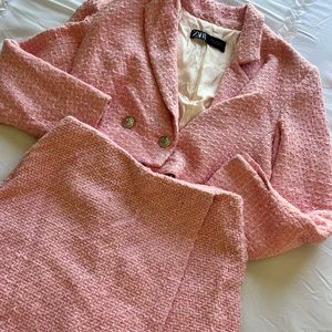 Zara Pink Tweed Blazer & Skirt Set